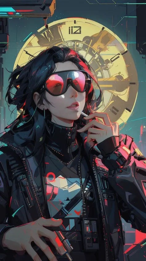 arafed  girl with sunglasses smoking a cigarette in front of a clock, inspired by Alex Petruk APe, by Alex Petruk APe, bored ape nft, in style of beeple, cyberpunk art style, in style of kar wai wong, beeple!!, beeple masterpiece, beeple |, in style of dig...