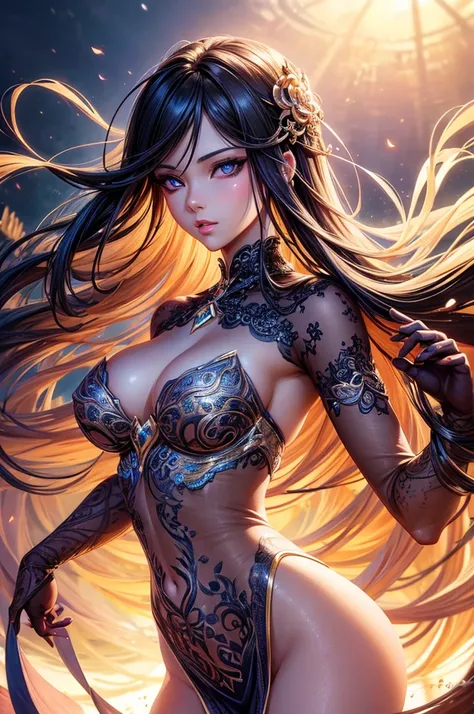 a sexy anime girl,beautiful detailed eyes,beautiful detailed lips,extremely detailed eyes and face,longeyelashes,1girl,dynamic pose,cinematic lighting,vibrant colors,highly detailed,elegant dress,glowing skin,warm lighting,intricate background,photorealist...