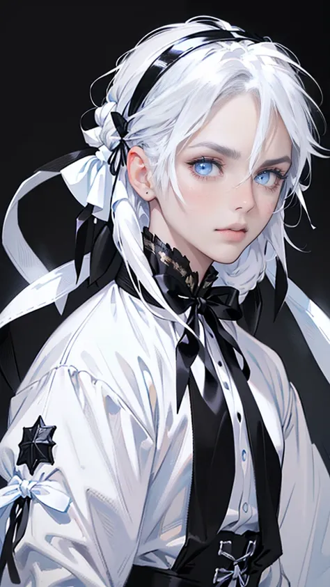 masterpiece, Super detailed, 8K Portrait, RAW Photos, Portrait Photography, Highly detailed face, Beautiful and meticulous eyes, (Long black hair:1.5), blue eyes, (White hair band and ribbon:1.5), Cool black outfit,More cool and cold than cute