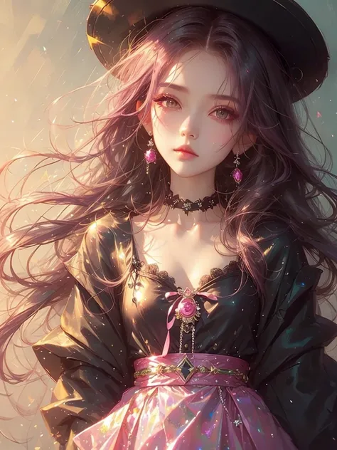 High quality, high resolution, beautiful girl with long hair, pink hair and pink eyes, black gothic lolita outfit, Korean glitter eye makeup, very subtle makeup, shiny hair