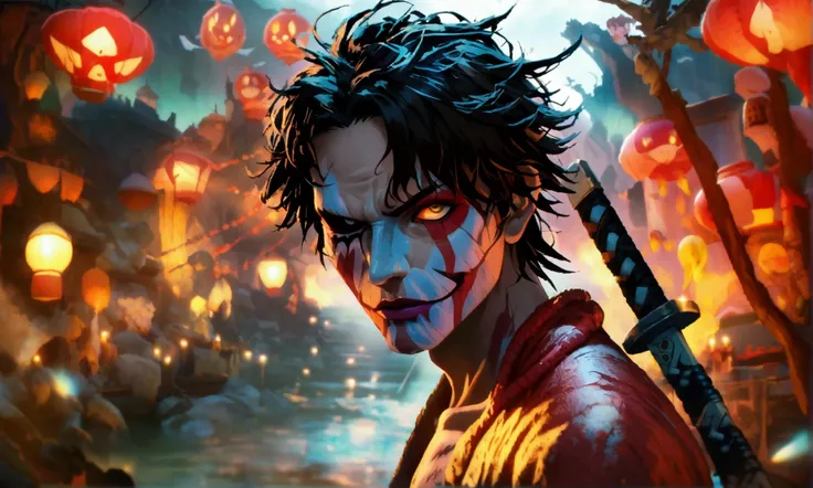 Strong and muscular man, missing one eye, scary clown makeup, scars all over his body, two katanas on his back, catastrophe background, "Anime character design inspired by One Piece, full of dramatic and impressive lighting, focus on the centralized charac...