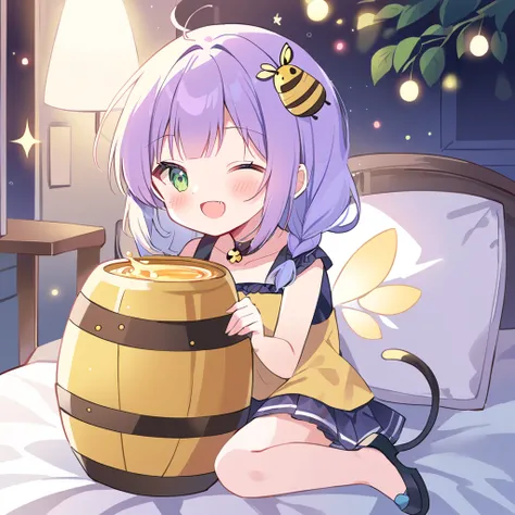 Top quality, masterpiece,a chibi girl
, peal purple and blunt bangs hair, twin braids,green eyes, eyes closed, mouth wide open and screaming, blushing, smilng,fangs,(a girl wears a bee tail and a bee mask and holds a honey pot.:1.4),night lit,bed room,