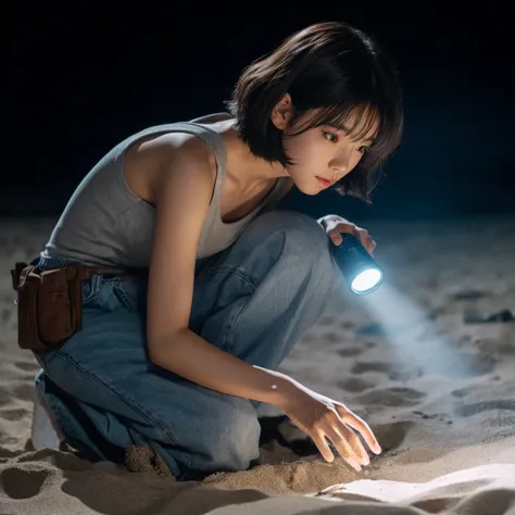 photo realistic, a Korean girl, short hair, wearing a gray tanktop, short jeans, was squatting on the beach with his hands raking through the sand and piles of small white eggs, outdoor atmosphere on the beach at night, pitch black, flashlight focused on h...