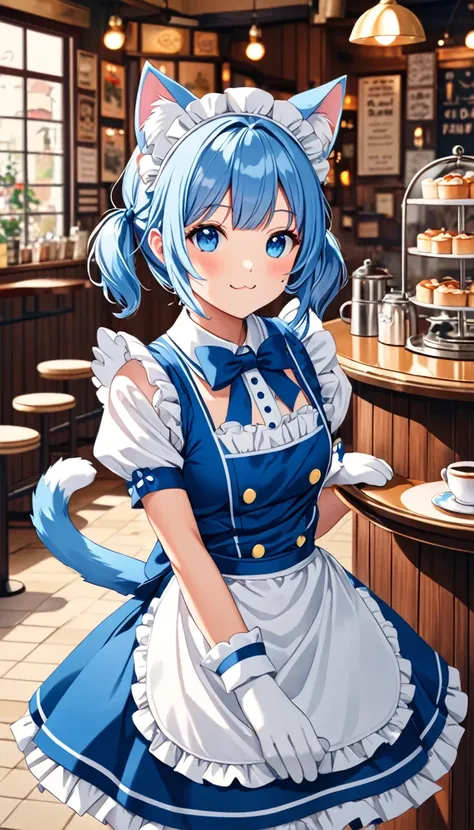 an adorable girl in a blue and white cat-themed maid outfit, with cat ears, a tail, and paw gloves, posing with a playful expression, standing in front of a vintage cafe, full-body portrait with her head fully visible within the frame, cinematic compositio...