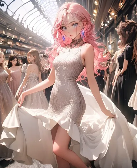 8k,gal，an extremely delicate and beautiful,Beautiful and realistic skin,Shiny jewel-like earrings,Shine like glitter long pink hair,beautiful eyes,full body,Knit dress,Fashion Model,whole body