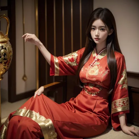 ((Highest quality)), ((masterpiece)), (detailed), （Perfect Face）、The woman is Ogiso Setsuna, with light brown, medium-long hair and a gorgeous red Chinese dress with gold embroidery and trim.