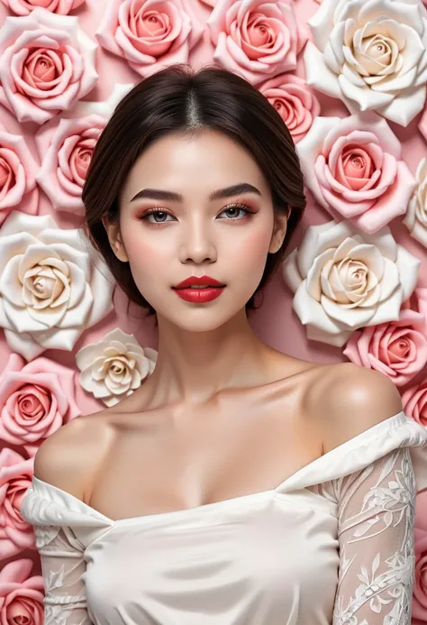 feminine, high detail and quality, 8k ultra hd, 3d, beautiful woman, fuller lips, night, mysterious rose, (fashion magazine cove...