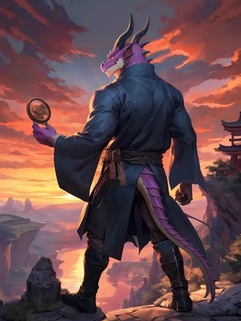 Japanese monk、small、Round sunglasses、Equip a ritual item、Hero of Justice、One Punch Man、Black costume、Robe、exorcist、exorcist、Japanese Temples、strongest、
alone, (男 anthro dragon:1.3), (Are standing:1.3), (kemono:1.2), (sunset:1.23),(Rear View), landscape, cl...