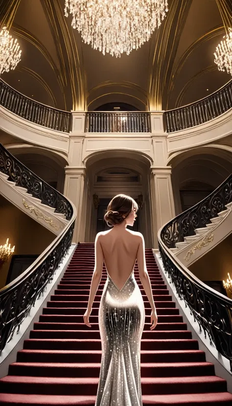 a woman in a shimmering, backless gown with a plunging neckline, standing at the top of a grand staircase, full-body portrait wi...