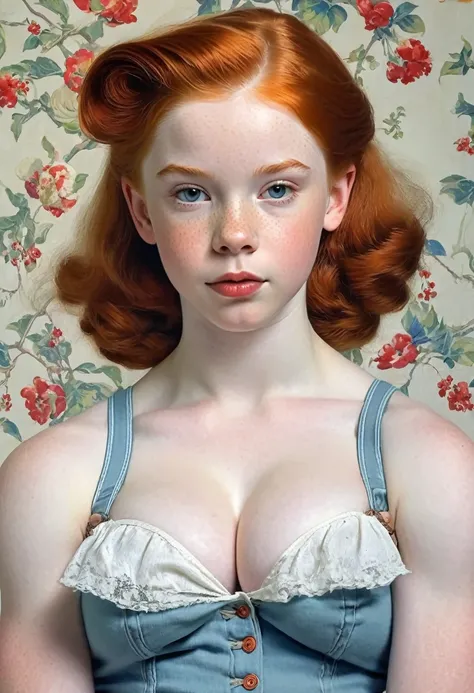 pale skin muscular redhead 13 year old girl huge breasts in the style of Norman Rockwell