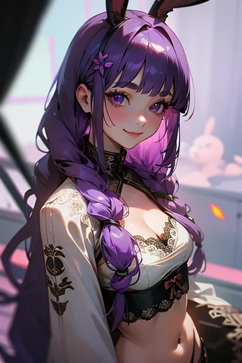 1 girl, Blunt bangs, Braiding, Wide sleeves, hair ornaments,Obi says, (Purple Hair:1.2), Very long hair, Straight hair, Looking at the audience, Highly detailed background, (Realistic:1.2), Beautiful Eyes, Red eyeshadow, thigh, (Urzan-6500:0.7), Upper Body...