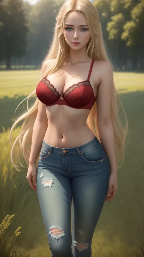 Masterpiece, best quality, teenage girl, Long blonde hair, beautiful face, red lace bra, Medium bust, narrow waist, Diaphragm, navel, Torn jeans, Standing in the middle of a green field, CG Highly detailed, Very beautiful and elegant,very detailed eyes, Fi...