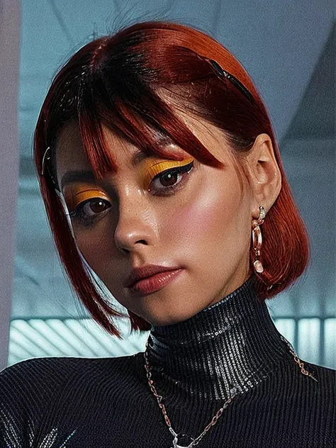 girl, dora, (orange hair:1.1), bob hairstyle, in cyber neon lighting, futurism, intricate futuristic jewelry accessories, cyberp...