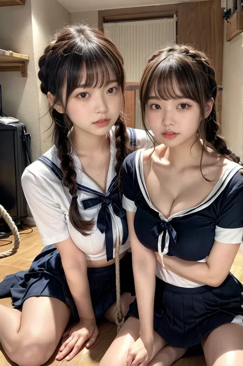 Two cute girls in sailor suits tied up with rope in the basement、Being made to sit upright on the floor.、Kidnapping、They look at each other with expressions of fear and dread.。My slender sister has straight black hair.。、My sister has brown hair and braids....