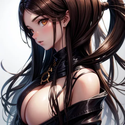 long dark hair / big tits / brown eye /  goth / in white background