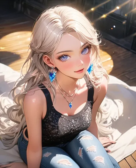 8K,gal，an extremely delicate and beautiful,Beautiful and realistic skin,Shiny jewel-like earrings,Shine like glitter long white hair,beautiful eyes,Fashion Model,jeans,Tank top