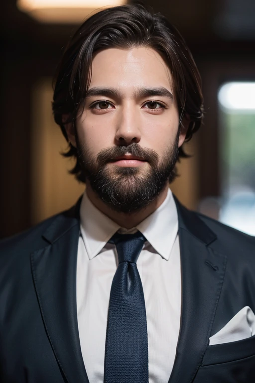 、Boy with brown hair、beard、wearing a suit and a tie、A photo in which the body and head are in line, Face the photo towards the viewer, The eye is fixed on the lens, In the photo you can see the shoulders and head, Man in the center of the photo, 8k, Highes...