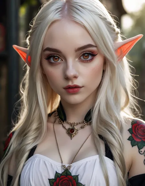 (best quality), 1girl, Female, pale skin, platinum blonde hair, very long hair, parted bangs, hazel eyes, big eyes, perfect eyes, elf, fantasy outfit, red face tattoos, small bust, fantasy universe, cute, pure, masterpiece, anatomically correct, highres
