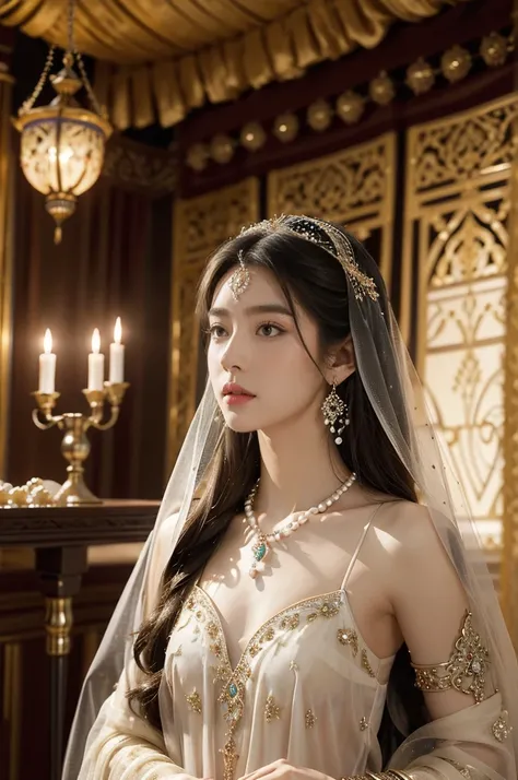 (((best quality))),(((ultra detailed))),(((masterpiece))),illustration,((1girl,Arabian dancer,solo)),(headcarf:1.3),((slim,thin)),((small breasts,flat chest)),((earrings,necklace)),((pearls,jewels,gemstones)),(night scene:1.3),(standing:1.3),(in luxurious ...