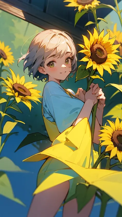  master piece, best quality, for below, cinematic angle, upper body , pigeon toed,  
Anime-style Moe illustration, summer vacation theme, 20-year-old 4womans holding a bouquet of sunflowers, short hair, country dress, slightly inner thighs, smile, accurate...