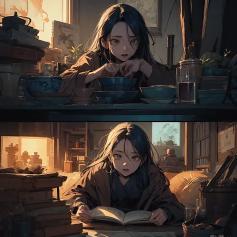 front，Chinese rural horror comic style，Dark blue amber，Clear facial features，Comic sketch flat，Graphic novel style，Storybook illustration，2D Style，Color Flat，Detailed scene description，Dim lighting，High details，8K resolution