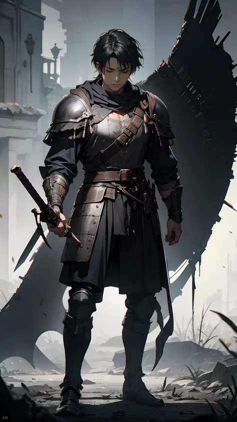 masterpiece, best quality, highly detailed, guts \(berserk\), 1boy, armor, bandages, black hair, cape, huge weapon, male focus, ...