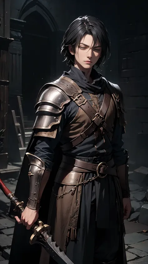 masterpiece, best quality, highly detailed, guts (berserk), 1boy, armor, bandages, black hair, cape, huge weapon, male focus, manly, multicolored hair, one eye closed, scar, solo, sword, weapon, white-- hair, standing, masculinity, best quality, ultra deta...