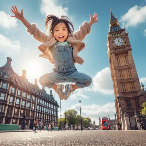 In front of Big Ben in England，an asian little girl（facing the camera）Jump up to the sky，Stretch your hands upward，knees bent in the air，like a trapeze artist，Very happy