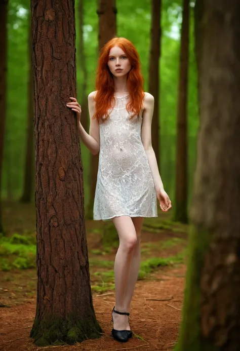 Skinny redhead girl nude in wood.