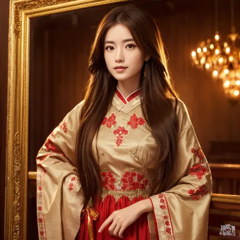 ((Highest quality)), ((masterpiece)), (detailed), （Perfect Face）、The woman is Ogiso Setsuna, with light brown, medium-long hair and a gorgeous red long-slit Chinese dress with gold embroidery and trim.