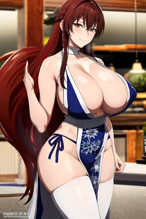 masterpiece, best quality, beautiful art, high resolution, well formed hands, body and fingers, 1 woman, solo, Rías Gremory, hair ornament,  adult, grown up, big breasted, cleavage,  full body, braided long hair, blue_japanese_clothes, wearing DOA Kasumis ...