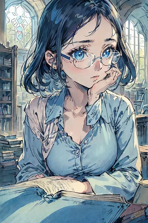 (a young lady, glasses, detailed eyes and face, gentle face, confident, blue eyes, blue vibes that surround her) ( therapist, Doctor ), (an old library), (reading a book, focused), (sunlight streaming through the window), (serene atmosphere), (vintage, cla...