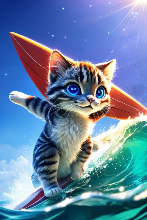 (Highest quality、masterpiece、8k))、Anatomically correct、Very detailed、High resolution、Realistic、((Beautiful, sparkling, detailed eyes))、Intricate details、Cinematic lighting、((Dynamic composition))、kitten、Big head、surfer、surfing、Ride the waves on a sharkboar...