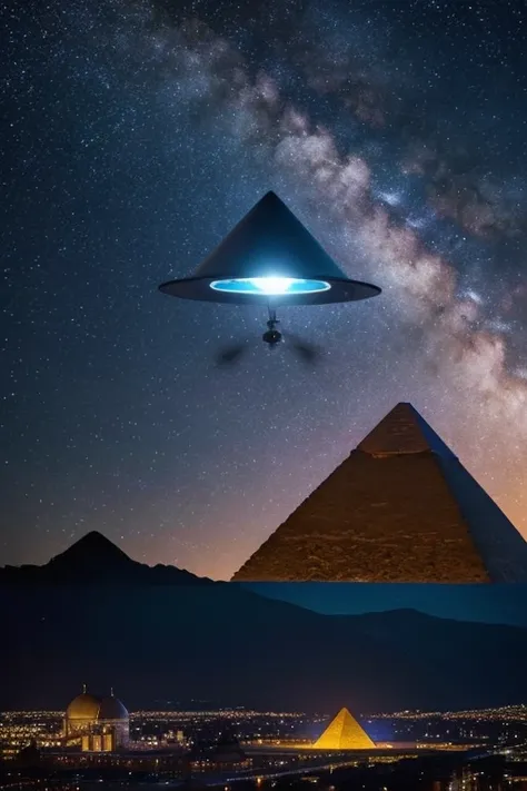 Draw a UFO hovering over a pyramid seen from the front。The pyramid is designed to resemble the Freemason logo.、There is an eye painted on the top。The UFO is a classic saucer shape.、It emits light。The background is the night sky and stars.、Please make the p...