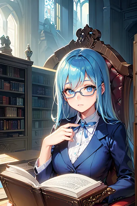 (a young lady, glasses, detailed eyes and face, gentle face, confident, blue eyes, blue vibes that surround her) ( therapist, Doctor ), (an old library), (reading a book, focused), (sunlight streaming through the window), (serene atmosphere), (vintage, cla...