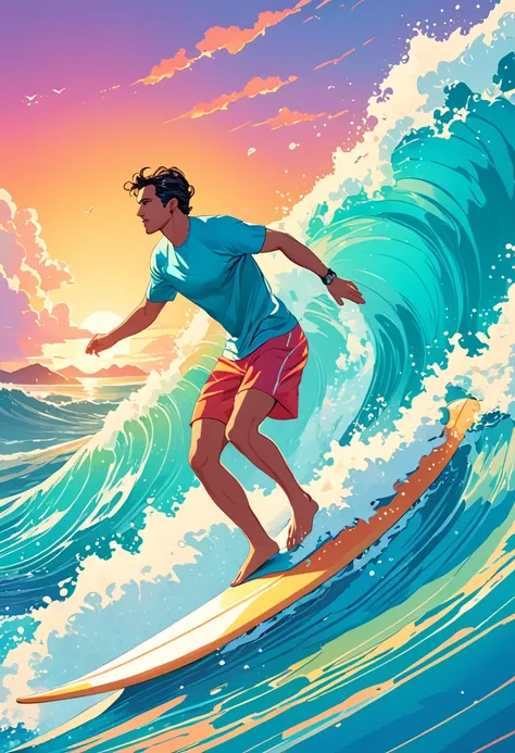 a man riding a surfboard on top of a wave in the ocean, jen bartel, in style of digital illustration, colorful illustration, kilian eng vibrant colors, kilian eng vibrant colours, inspired by Cyril Rolando, vector art style, in style of cyril rolando, adob...