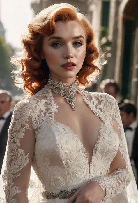 marilyn monroe, elizabeth olsen, redhead, auburn hair, full body image, full body view, green eyes, black lace, queen anne white wedding dress, choker, heels, tattoos on left arm, standing in a paris, detailed, perfect face, detailed pupils, perfect anatom...