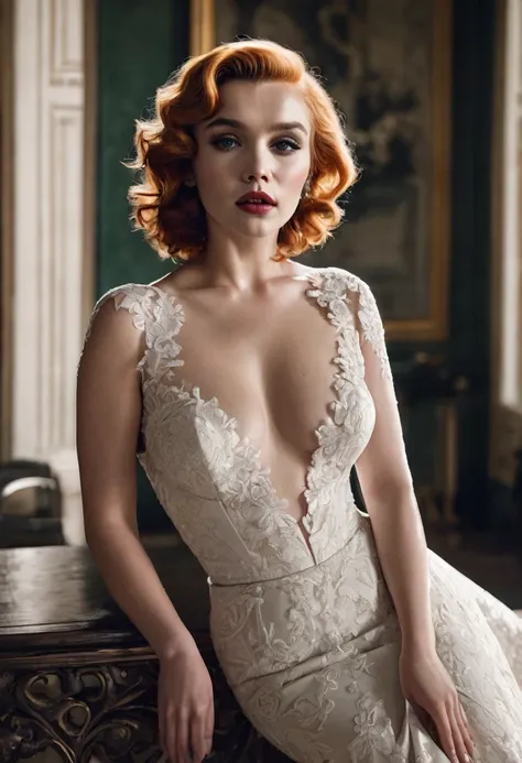 marilyn monroe, elizabeth olsen, redhead, auburn hair, full body image, full body view, green eyes, black lace, queen anne white wedding dress, choker, heels, tattoos on left arm, standing in a paris, detailed, perfect face, detailed pupils, perfect anatom...