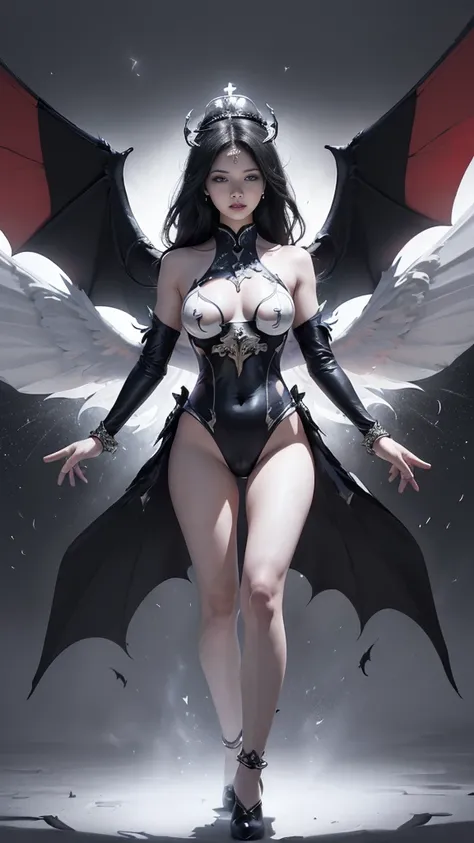 (Realistic picture, highest resolution, 16ก), (A demon god with wide wings and enormous power on his shoulders..., Twelve wings on the shoulders., black bat wings:1.3 white angel wings:1.5), 6 angel wings, 6 devil wings, (Beautiful girl with two meter long...