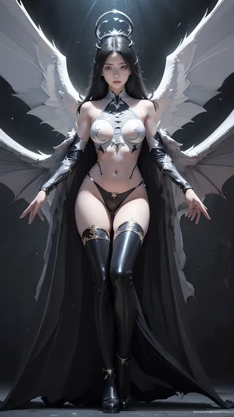 (Realistic picture, highest resolution, 16ก), (A demon god with wide wings and enormous power on his shoulders..., Twelve wings on the shoulders., black bat wings:1.3 white angel wings:1.5), 6 angel wings, 6 devil wings, (Beautiful girl with two meter long...