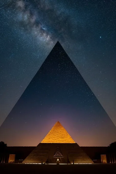 Draw a UFO hovering over a pyramid seen from the front。The pyramid is designed to resemble the Freemason logo.、There is an eye painted on the top。The UFO is a classic saucer shape.、It emits light。The background is the night sky and stars.、Please make the p...