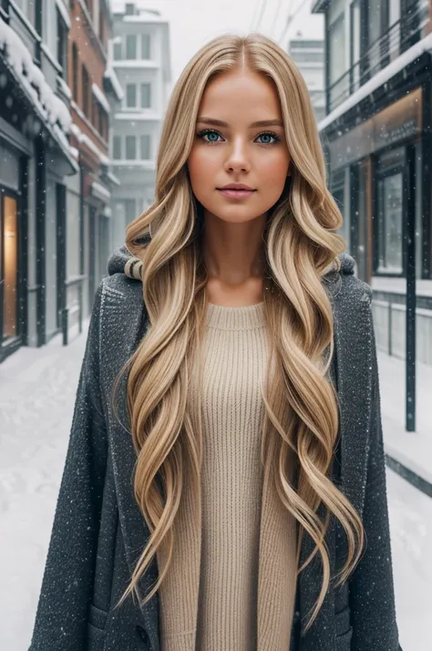 professional portrait photograph of a gorgeous Norwegian girl in winter clothing with long wavy blonde hair, sultry flirty look, gorgeous symmetrical face, cute natural makeup, wearing elegant warm winter fashion clothing, ((standing outside in snowy city ...