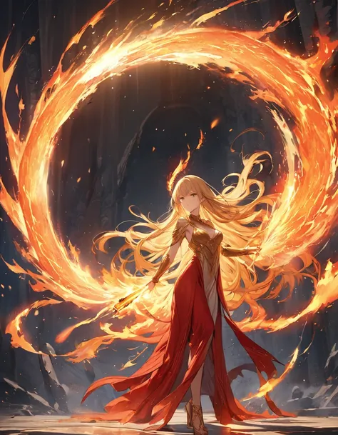  masterpiece, Highest quality, detailed,Fantasy、 (One girl), alone, detailed golden eyes, Fiery long hair, ((A goddess unleashing a large plasma bullet))、whole body、