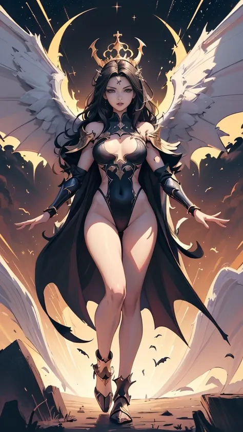 (Realistic picture, highest resolution, 16ก), (A demon god with wide wings and enormous power on his shoulders..., Twelve wings on the shoulders., black bat wings:1.3 white angel wings:1.5), 6 angel wings, 6 devil wings, (Beautiful girl with two meter long...