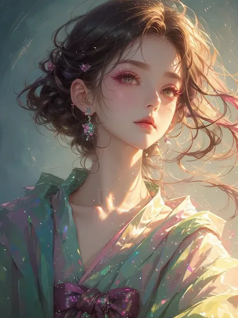 High quality, high resolution, fractal art, pink hair, pink eyes, kimono, updo, Korean glitter eye makeup, very subtle makeup, glittering hair, moon visible