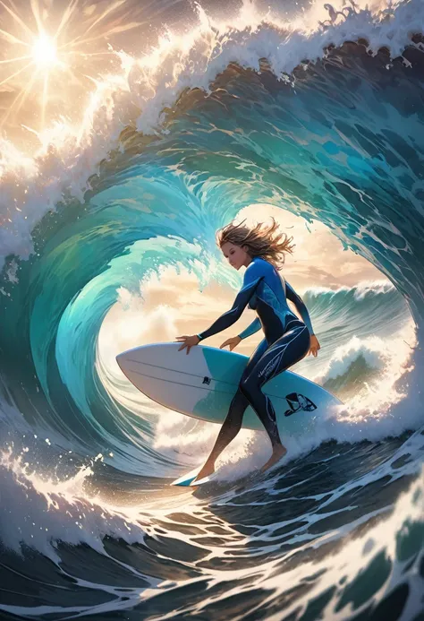 
               Anatomically perfect surfer wearing blue wetsuit and goggles riding huge waves featuring sunlight hitting the ocean, white blue green gradient, high dynamic range, Detailed and intricate psychedelic illustration of a hyper-realistic surfer ...