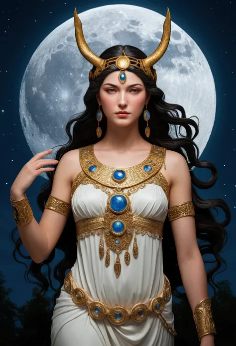 Depicts only the goddess Artemis, the full moon behind her. In a symbolist style. 