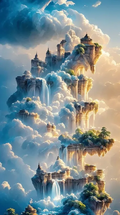 Laputa: Castle in the Sky, Surrounded by clouds and a halo of light, very beautiful, Majestic, Dazzling sight,Cloud World, Majestic gates and pillars, Sun, Moon and Stars, masterpiece, Highest quality, Very detailed, Very delicate and beautiful, Depth of w...