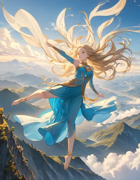  masterpiece, Highest quality, detailed,Fantasy、 (One girl), alone, detailed golden eyes, Transparent long hair, ((Goddess of wind doing somersaults in the air))、whole body、Mountains and clouds high up