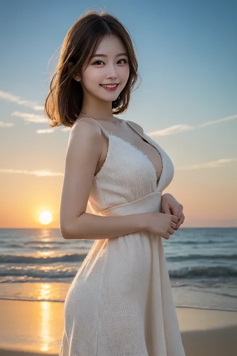 Beach Coast Sunset , Highest quality, shape, Very detailed, In detail, High resolution, 8k wallpaper, Perfect dynamic composition, Beautiful details,  Natural Lip, Fluffy dresses, Big Breasts, Cleavage, She is smiling.., A masterpiece of the whole body, Si...